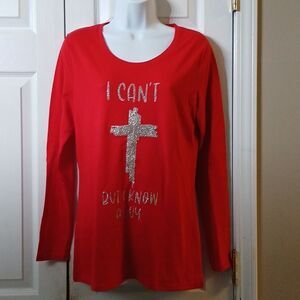 Red long sleeve cross shirt I Can't But I know a Guy tshirt  Sz L  Juniors